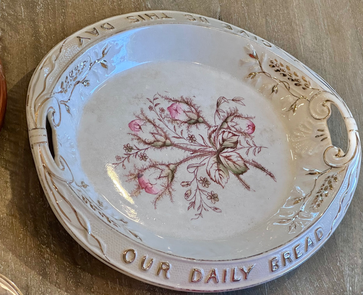 Antique Homer Laughlin “Moss Rose” our daily bread ironstone platter