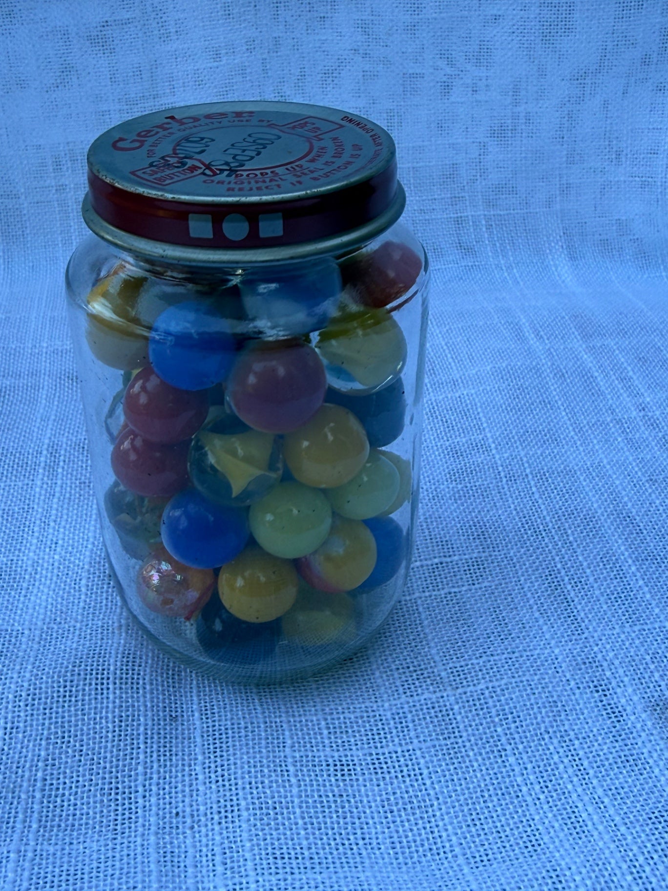 Vintage Mixed Glass Marbles Lot | Cat's Eyes & Opaques in Retro Gerber Baby Food Jar