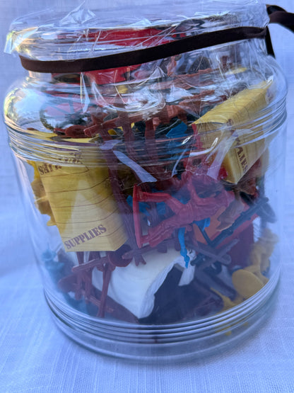 Vintage Plastic "Wild West" Playset Toy Lot | Cowboys, Wagons & Horses in Display Jar
