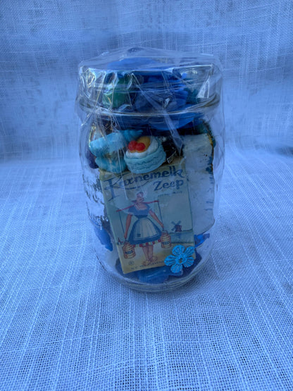 Curated Vintage Blue "Junk Drawer" Ephemera Lot | Retro Toys, Tokens & Charms in Kerr Mason Jar