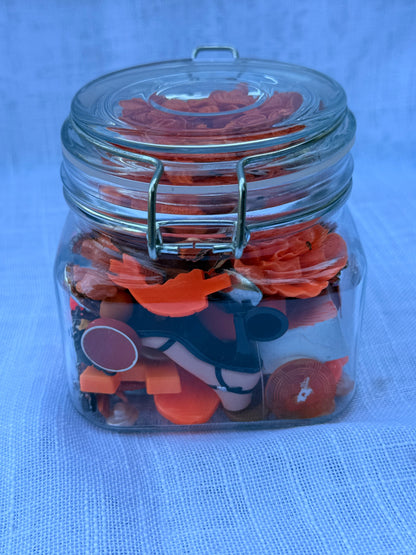 Vintage Orange "Junk Drawer" Ephemera & Craft Lot | Rhinestone Brooch & Retro Trinkets in Glass Latch Jar