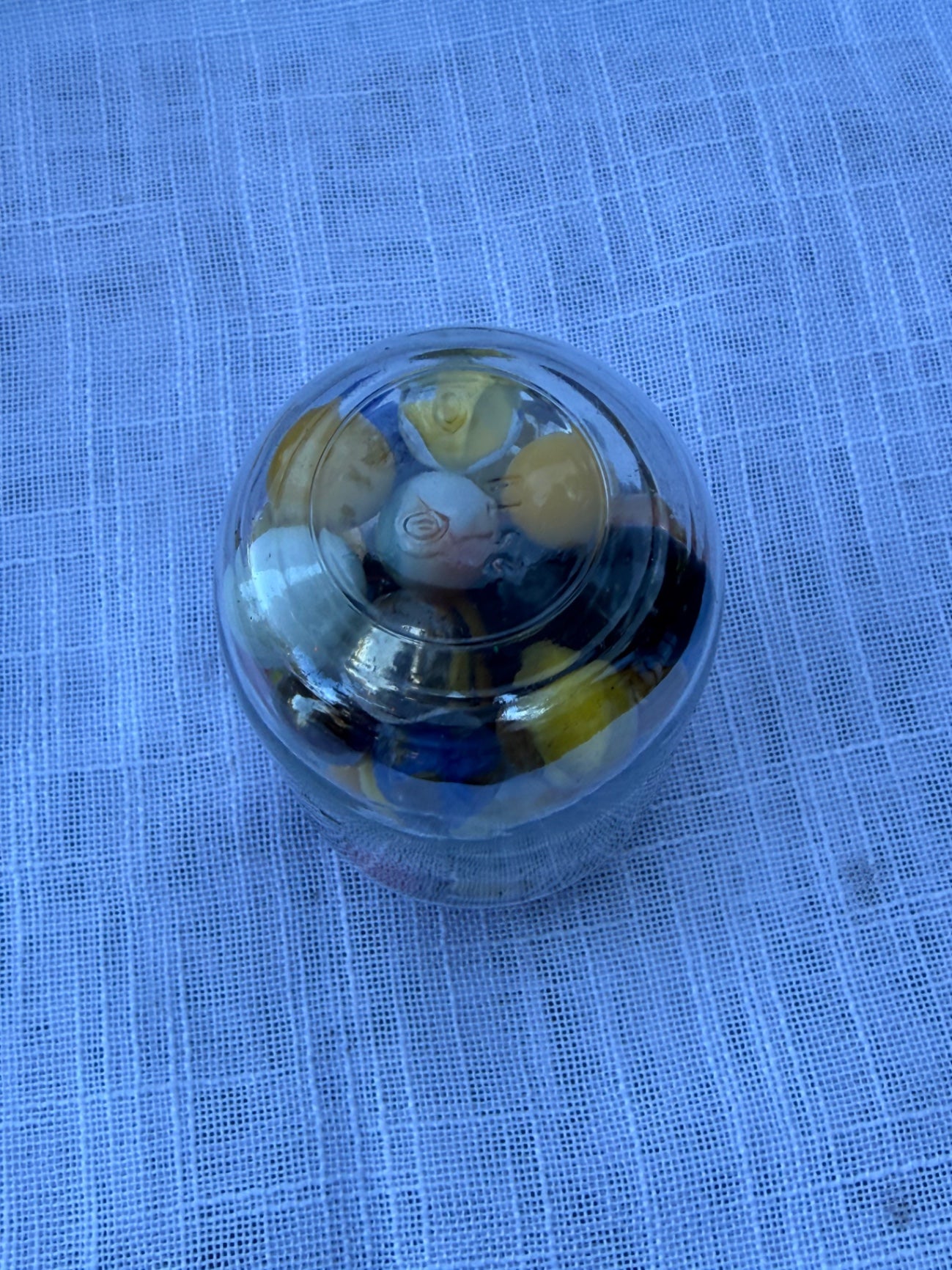 Vintage Mixed Glass Marbles Lot | Cat's Eyes & Opaques in Retro Gerber Baby Food Jar