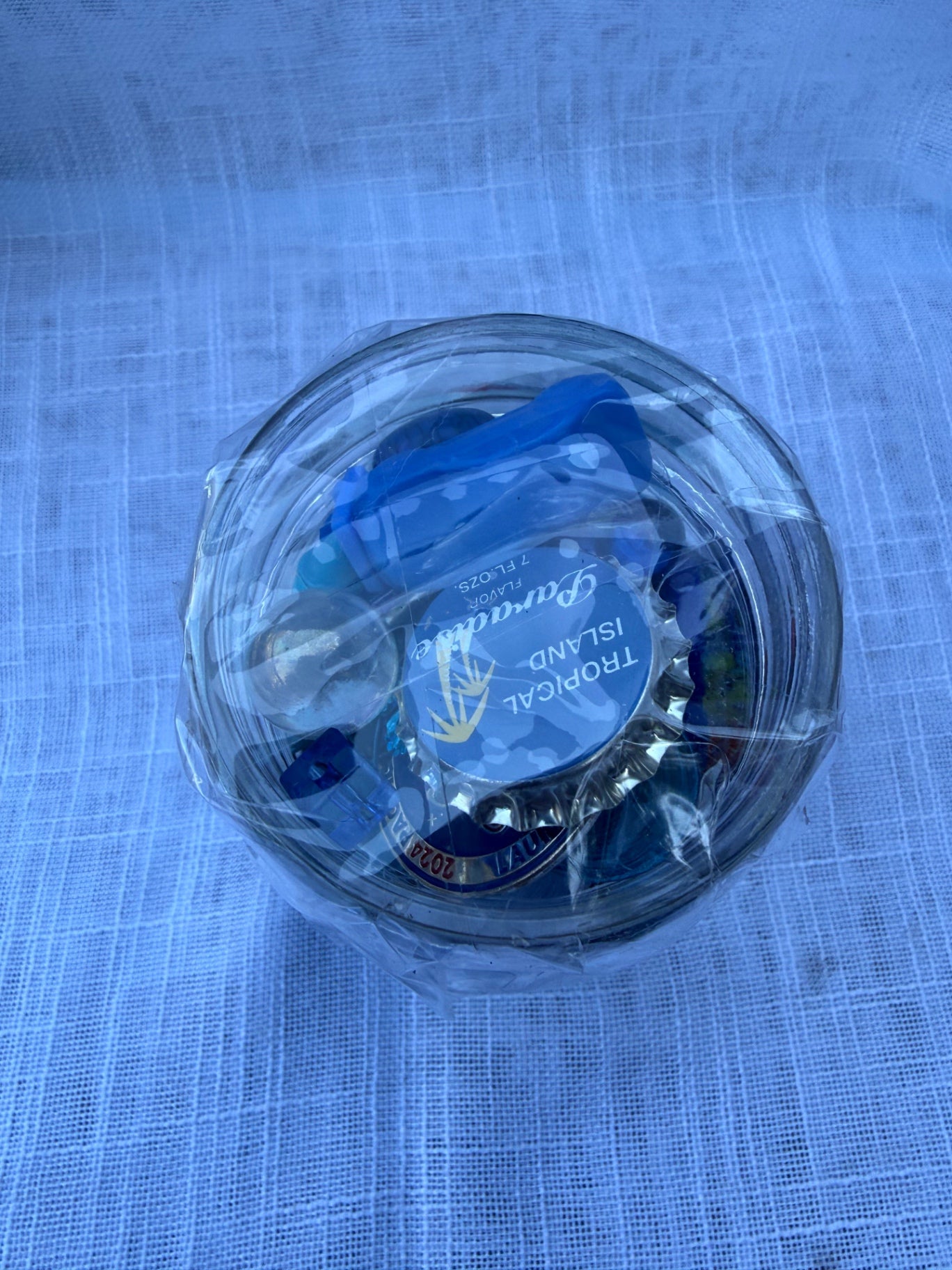 Curated Vintage Blue "Junk Drawer" Ephemera Lot | Retro Toys, Tokens & Charms in Kerr Mason Jar