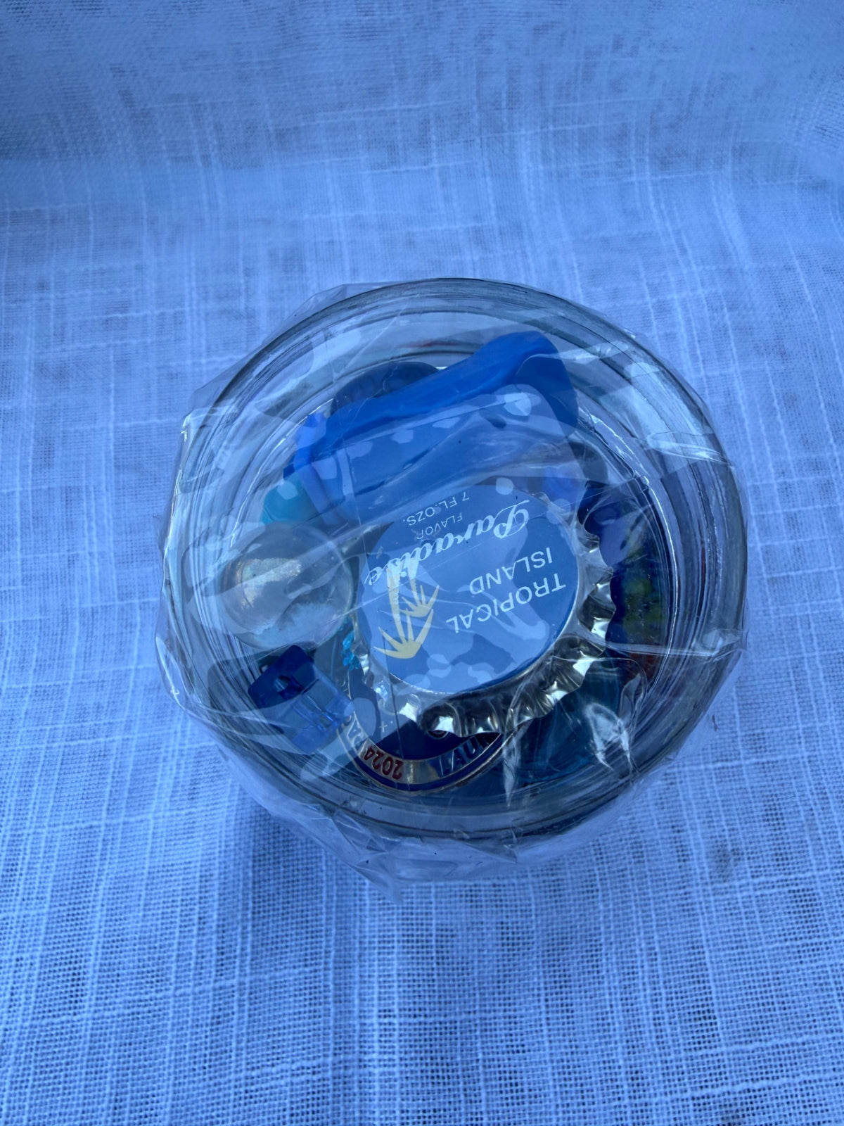 Curated Vintage Blue "Junk Drawer" Ephemera Lot | Retro Toys, Tokens & Charms in Kerr Mason Jar