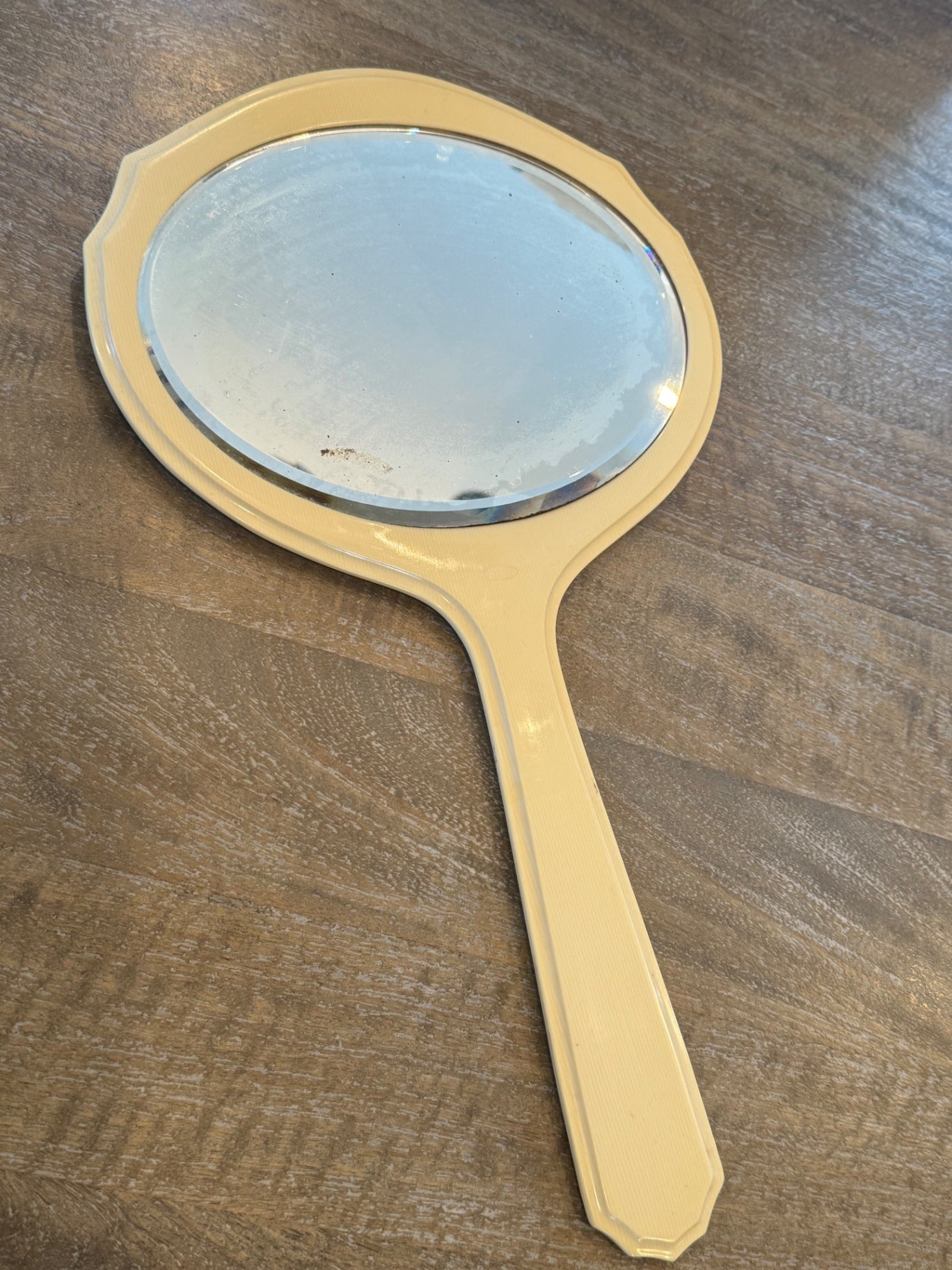 vintage Art Deco French ivory celluloid vanity hand mirror