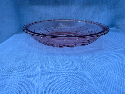 Vintage KIG Indonesia Blush Pink Glass Serving Bowl | Embossed Fruit Pattern & Beaded Rim