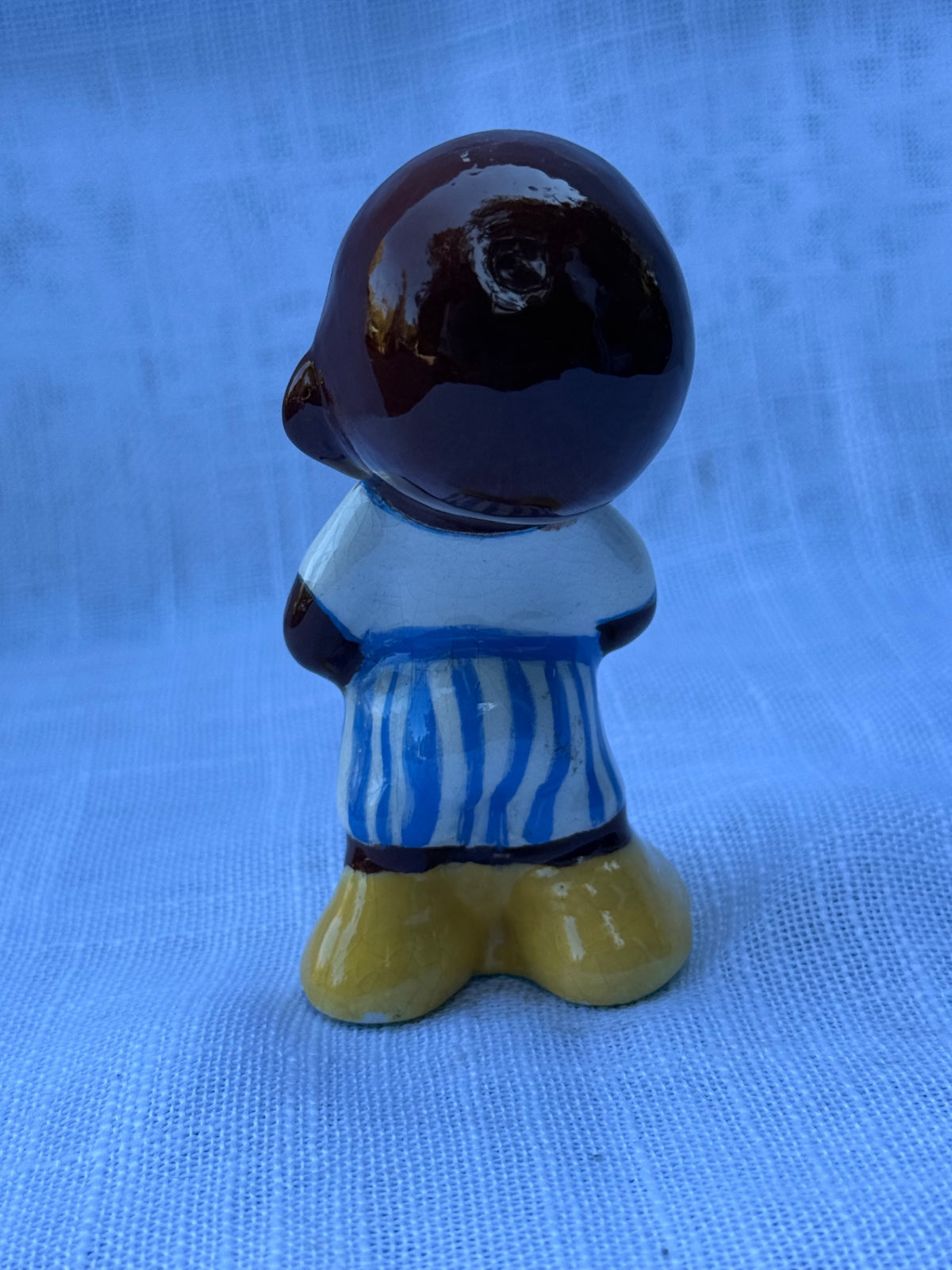 Vintage Black Americana Ceramic Figurine | Boy in Blue & White Stripes