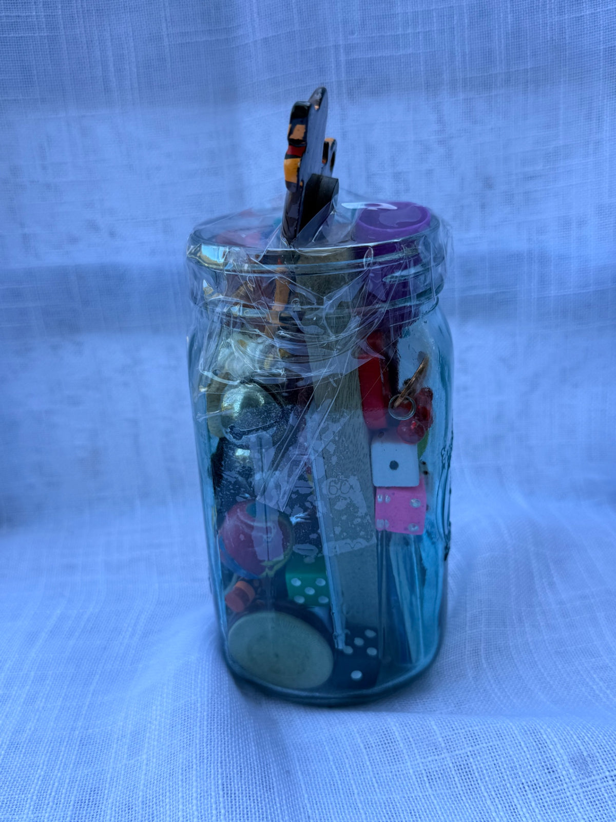Vintage Toy & Ephemera "Junk Drawer" Lot | Magic T Puzzle & Chimp Toy in Upcycled Circus Lion Jar