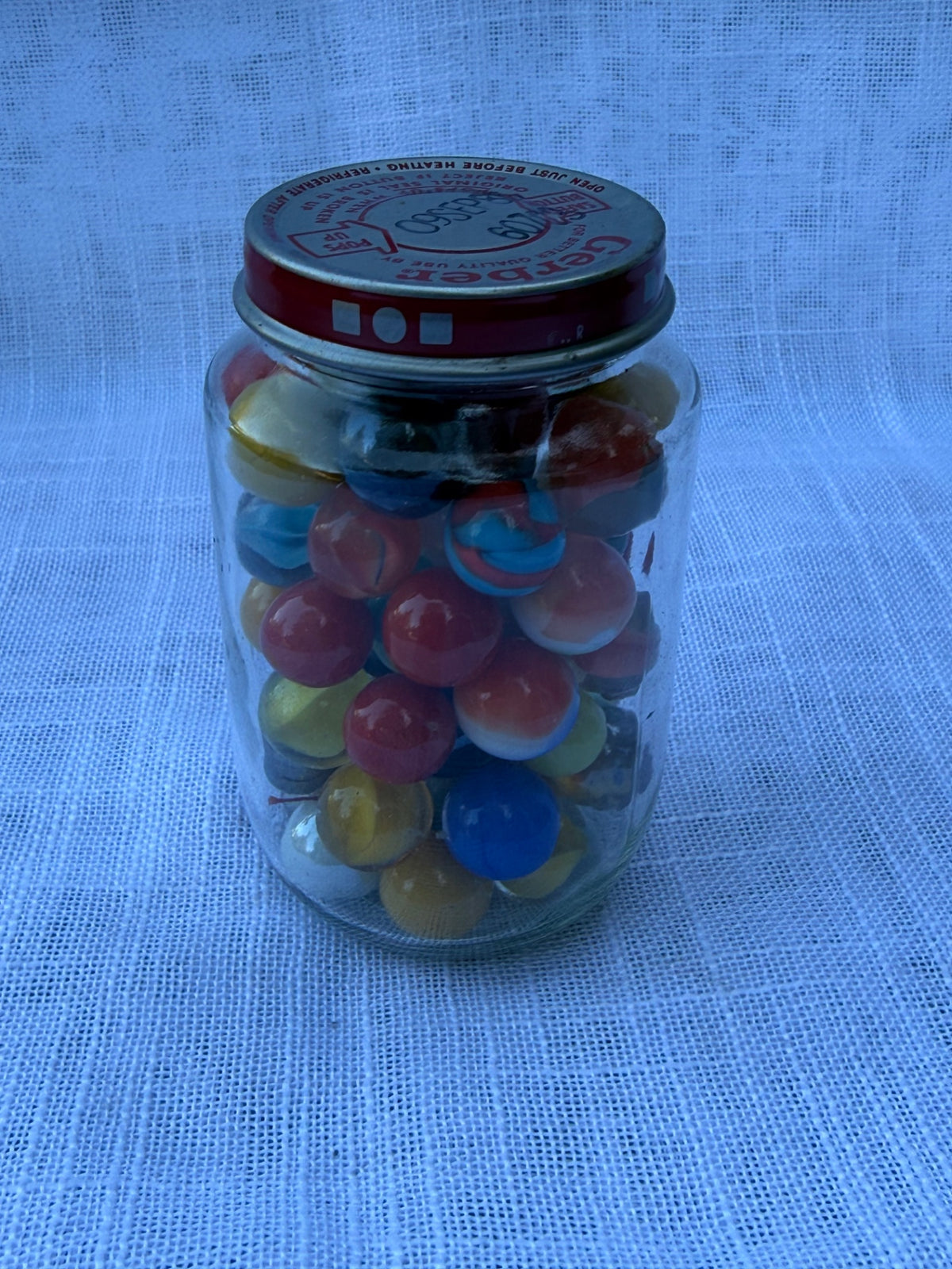 Vintage Mixed Glass Marbles Lot | Cat's Eyes & Opaques in Retro Gerber Baby Food Jar
