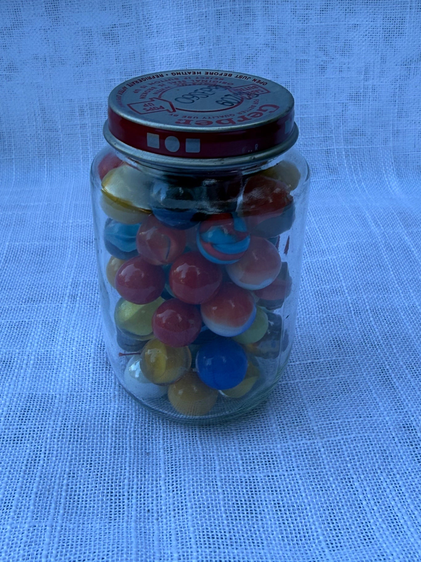 Vintage Mixed Glass Marbles Lot | Cat's Eyes & Opaques in Retro Gerber Baby Food Jar