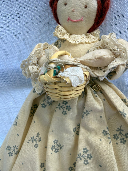 Vintage Handmade Prairie "Sewing" Rag Doll | Primitive Cloth Doll w/ Basket & Scissors