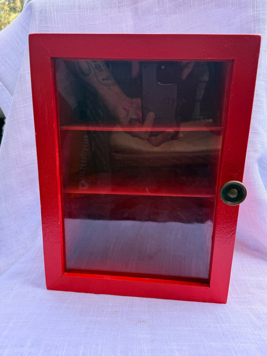 Upcycled Cherry Red Wooden Curio Cabinet | Glass Door Countertop Display Case