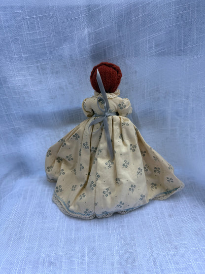 Vintage Handmade Prairie "Sewing" Rag Doll | Primitive Cloth Doll w/ Basket & Scissors