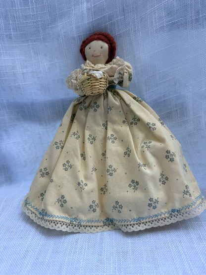 Vintage Handmade Prairie "Sewing" Rag Doll | Primitive Cloth Doll w/ Basket & Scissors