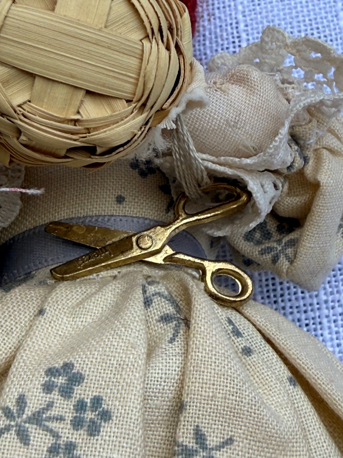Vintage Handmade Prairie "Sewing" Rag Doll | Primitive Cloth Doll w/ Basket & Scissors