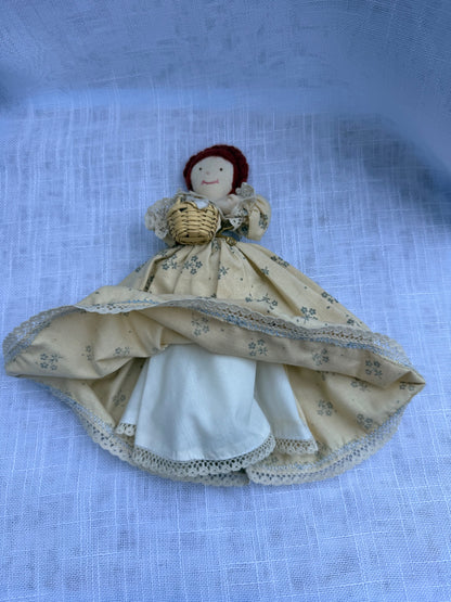 Vintage Handmade Prairie "Sewing" Rag Doll | Primitive Cloth Doll w/ Basket & Scissors