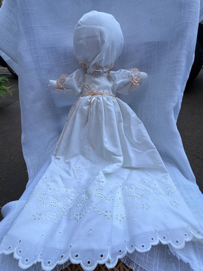 Handmade Amish-Style Faceless Cloth Doll | Vintage Prairie Dress w/ Eyelet Lace & Pearls