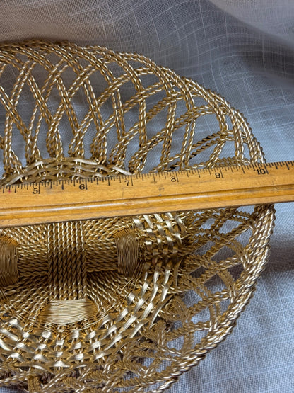 Vintage Woven Gold Wire Basket | Hollywood Regency Braided Metal Bowl
