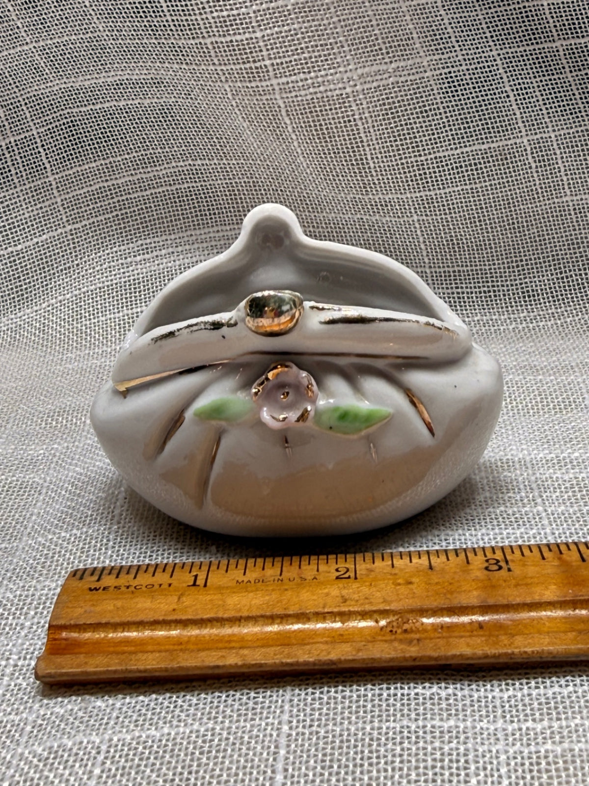 Vintage Ceramic Coin Purse Trinket Dish | Hand-Painted Floral & Gold Trim