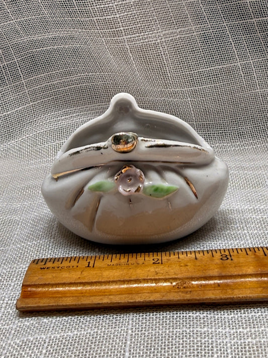 Vintage Ceramic Coin Purse Trinket Dish | Hand-Painted Floral & Gold Trim