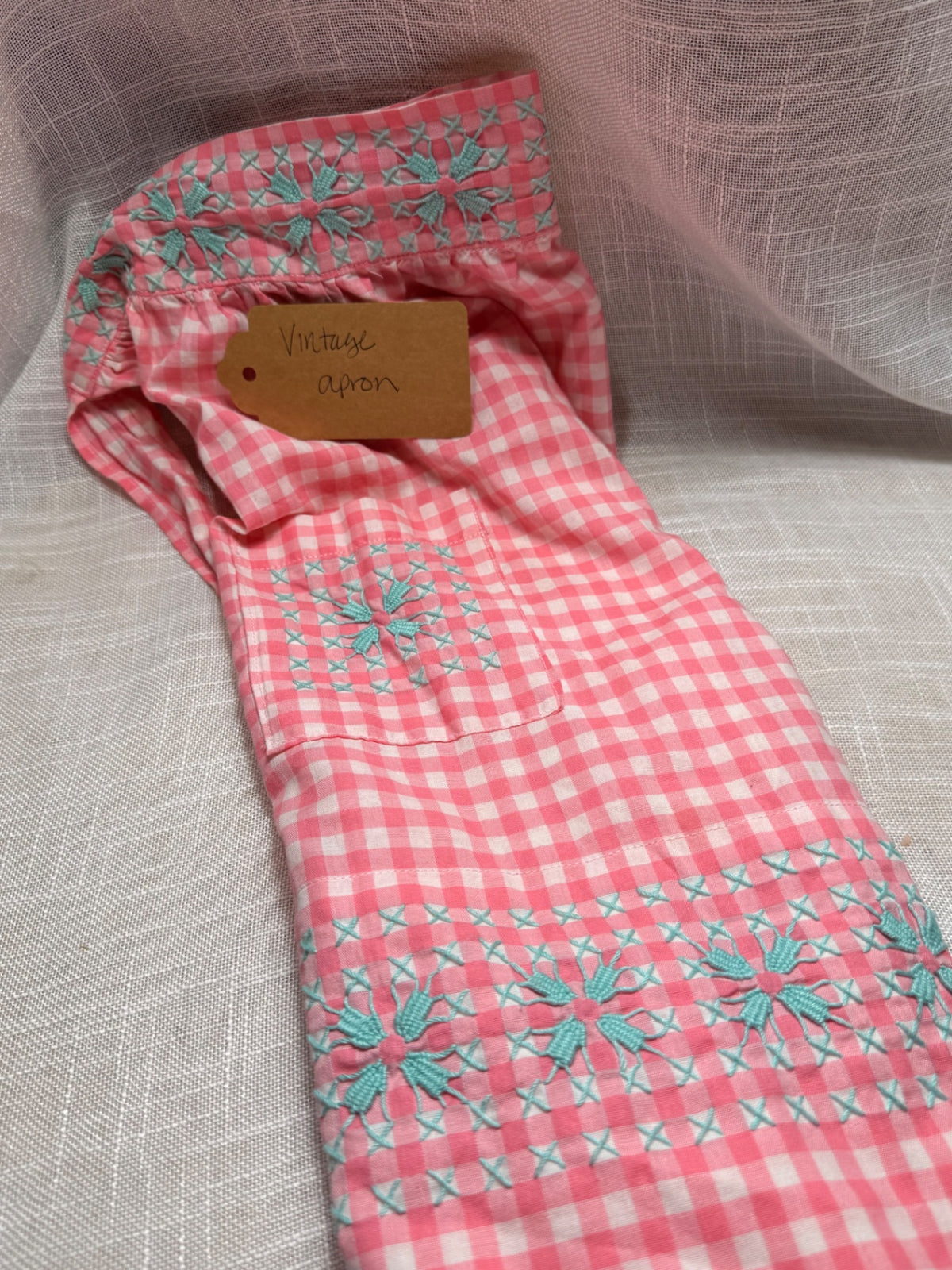 Vintage Mid-Century Pink Gingham Half-Apron | Blue Snowflake Embroidery & Pocket
