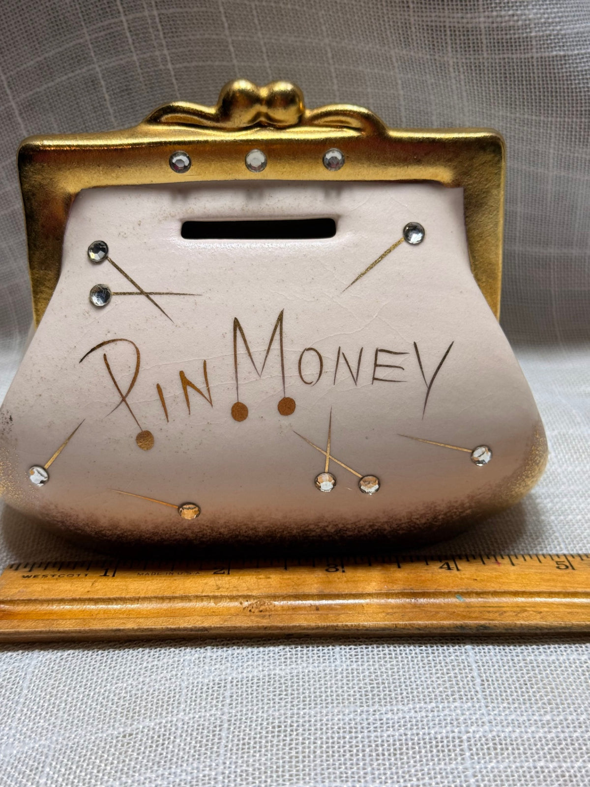 Vintage "Pin Money" Ceramic Purse Coin Bank | Hand-Painted Gold & Rhinestone Details