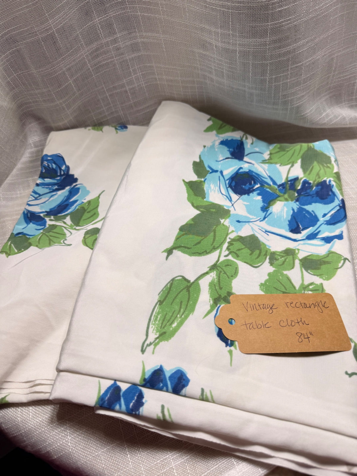 Vintage 84-Inch Rectangular Tablecloth | Bold Mid-Century Blue Rose Floral Print