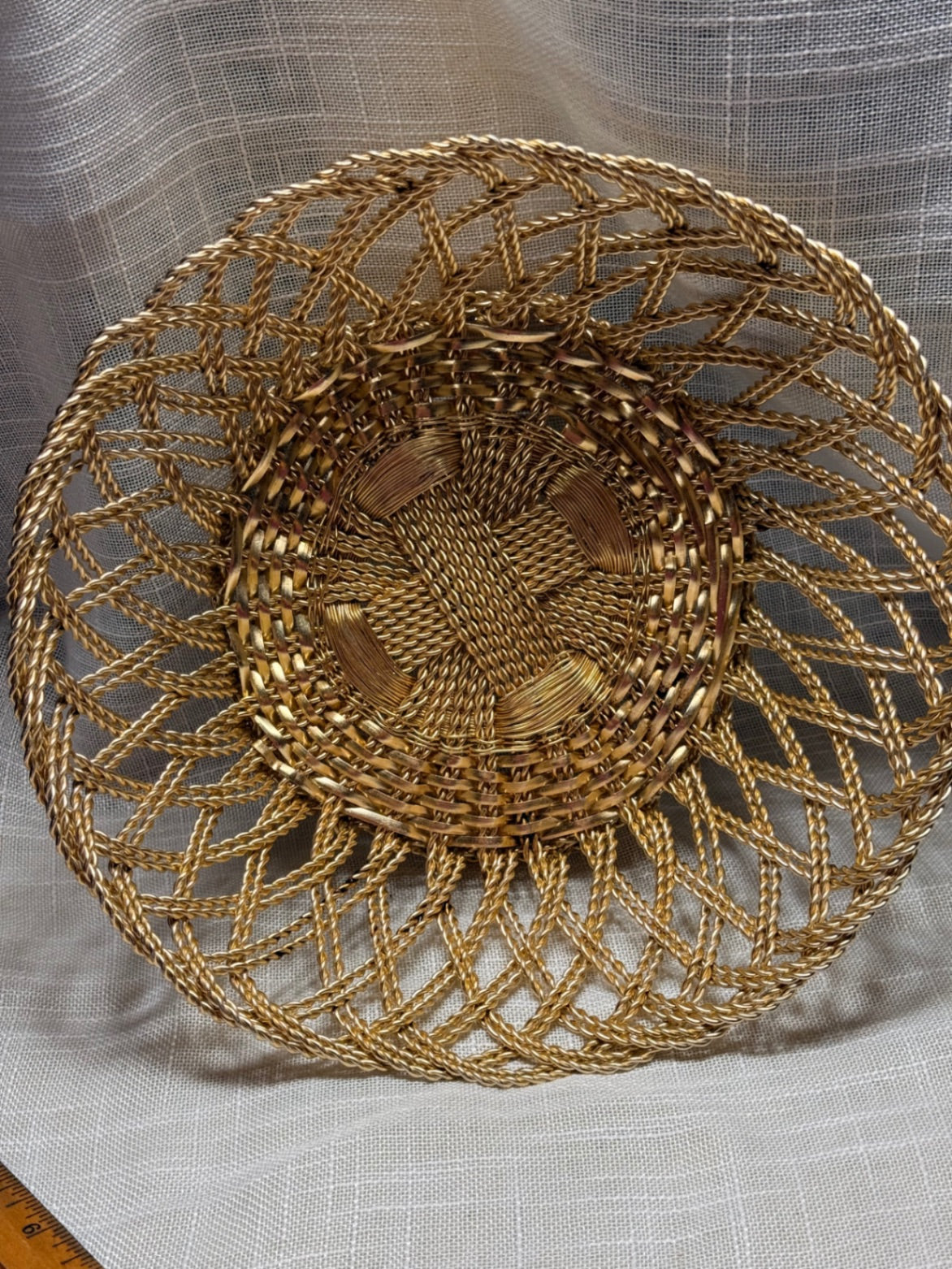 Vintage Woven Gold Wire Basket | Hollywood Regency Braided Metal Bowl