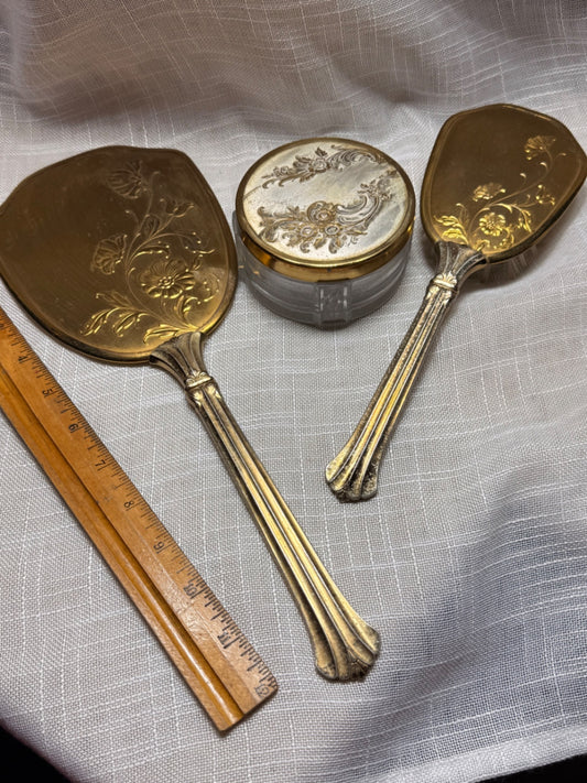 Antique 3-Piece Gold-Tone Repoussé Vanity Set | Mirror, Brush & Powder Jar