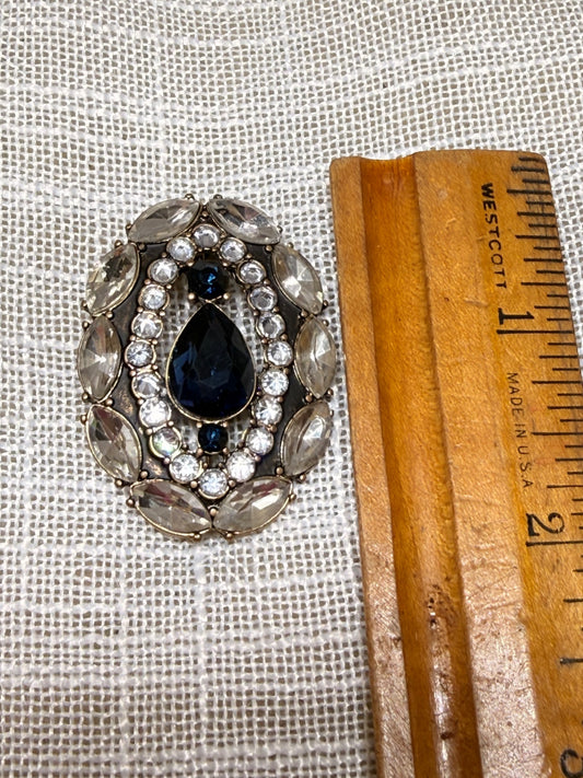 Vintage Ornate Rhinestone & Faux Sapphire Brooch | Glamorous Oval Statement Pin