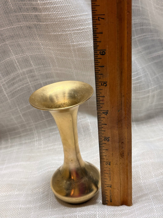Miniature Vintage Brass Trumpet Bud Vase | Engraved Etched Floral Details
