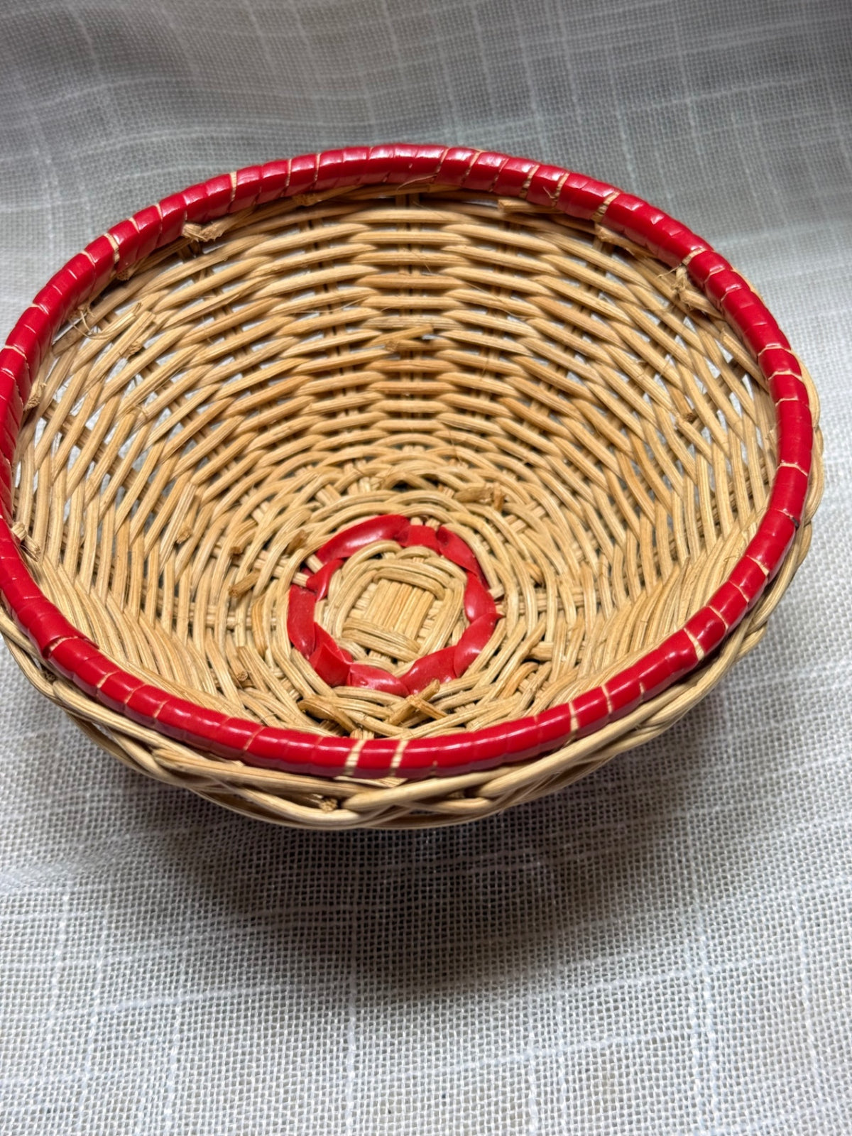Small Vintage Woven Wicker Basket | Red Wrapped Rim & Coiled Feet