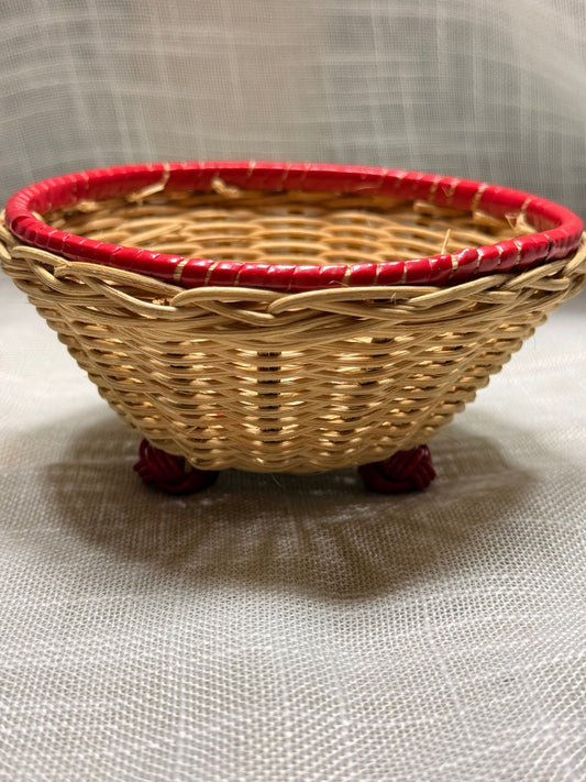 Small Vintage Woven Wicker Basket | Red Wrapped Rim & Coiled Feet