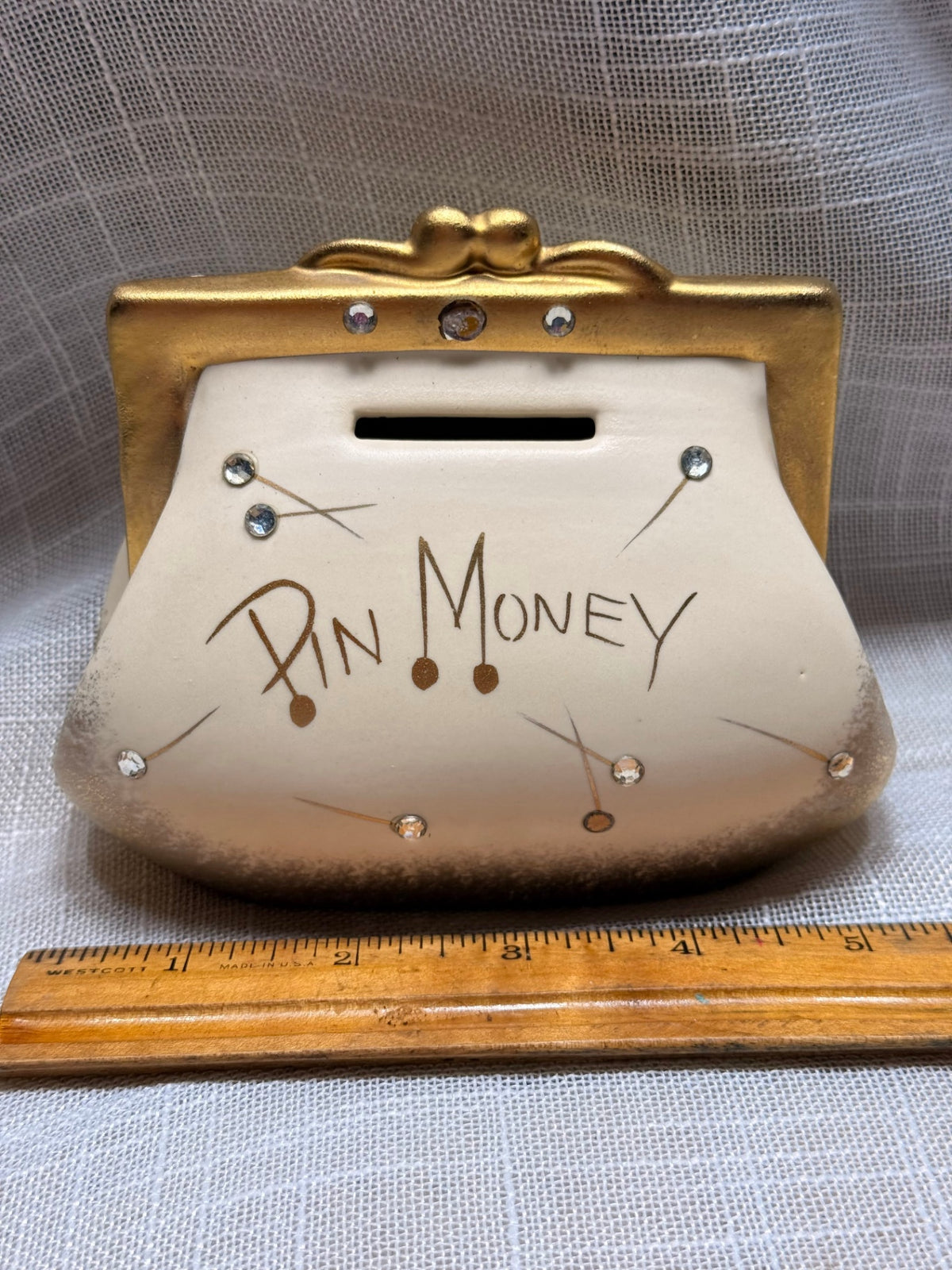 Vintage "Pin Money" Ceramic Purse Coin Bank | Hand-Painted Gold & Rhinestone Details