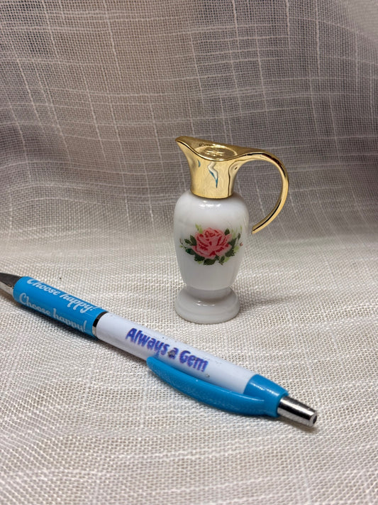 Vintage Avon Miniature Milk Glass Pitcher Perfume Bottle | Pink Rose Motif