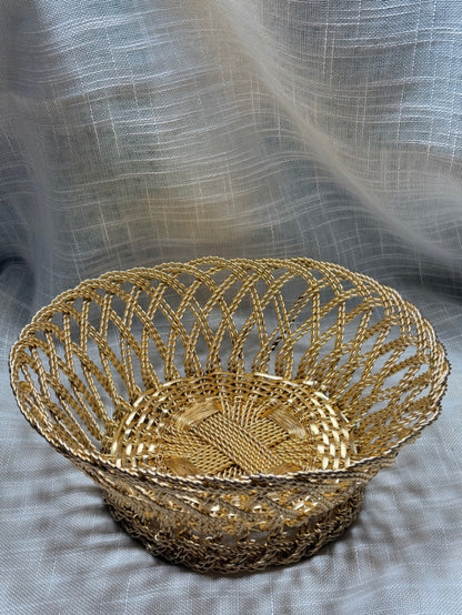 Vintage Woven Gold Wire Basket | Hollywood Regency Braided Metal Bowl