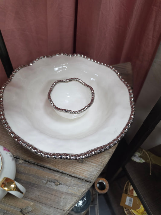 White bowl with silver rim, 2 pieces