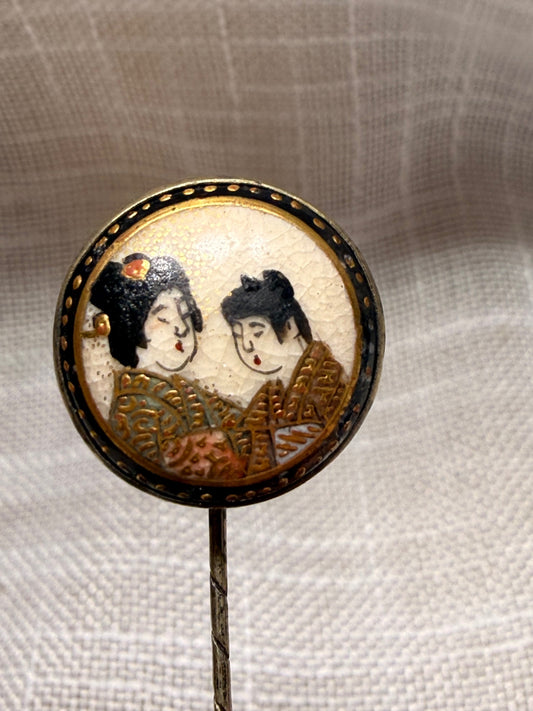 Antique Japanese Satsuma-Style Stick Pin | Hand-Painted Figural Hat Pin