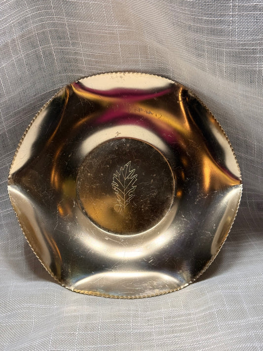 Vintage Brass Scalloped Trinket Dish | Etched Oak Leaf Center & Crimped Rim