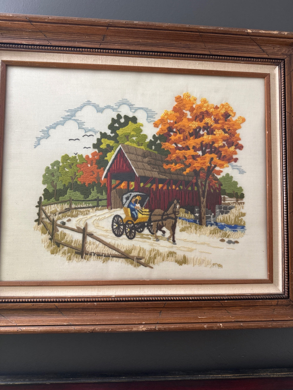 Crewel embroidery fall scene 