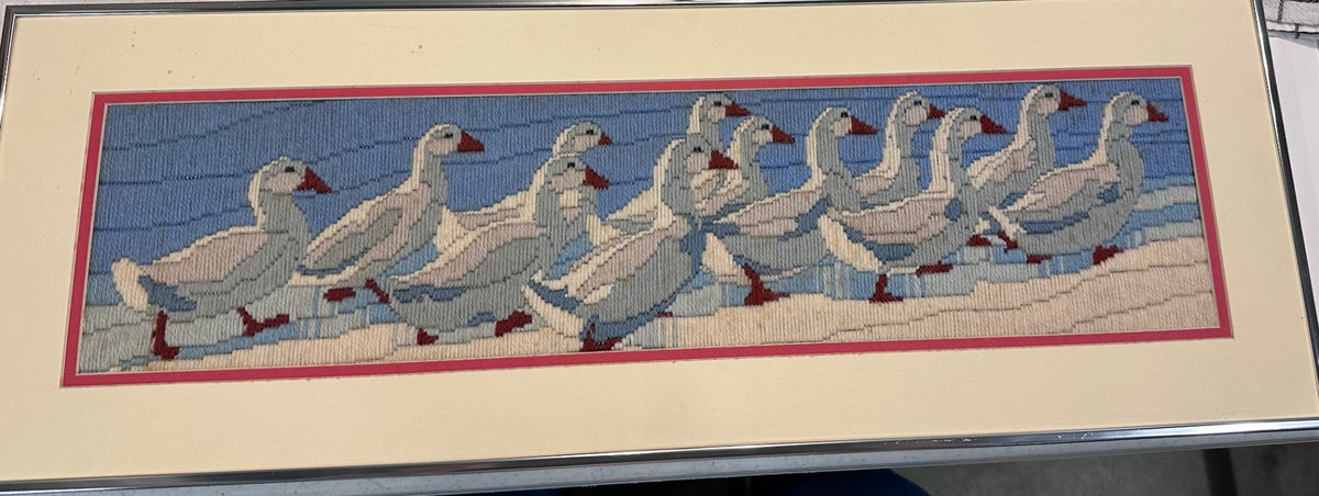 Gaggle of geese crewel picture