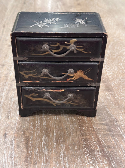 vintage Japanese black lacquer miniature chest of drawers