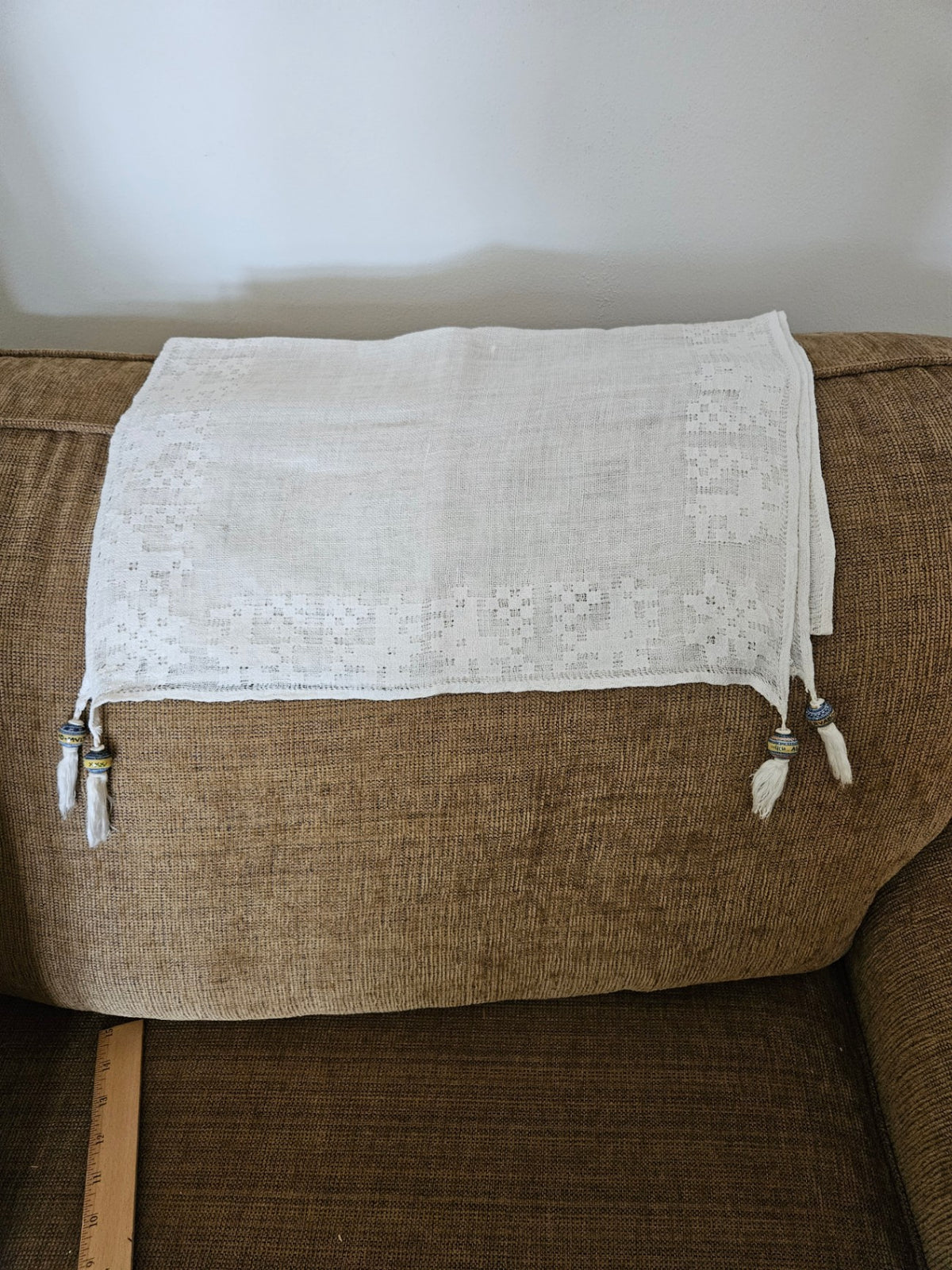 Antique white linen dresser scarf w/Majolica Fuseruola beads. Collectible 