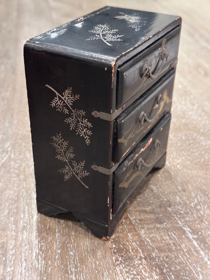 vintage Japanese black lacquer miniature chest of drawers