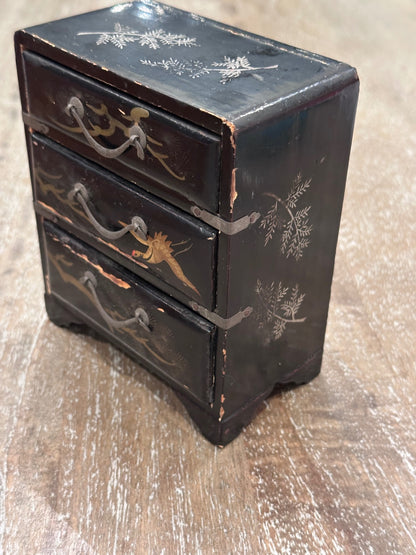 vintage Japanese black lacquer miniature chest of drawers