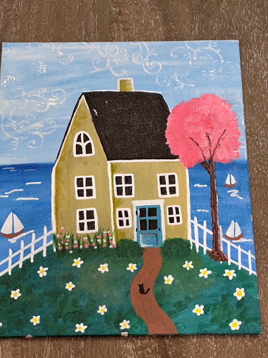 Folk art style painting, spring cottage at the sea
