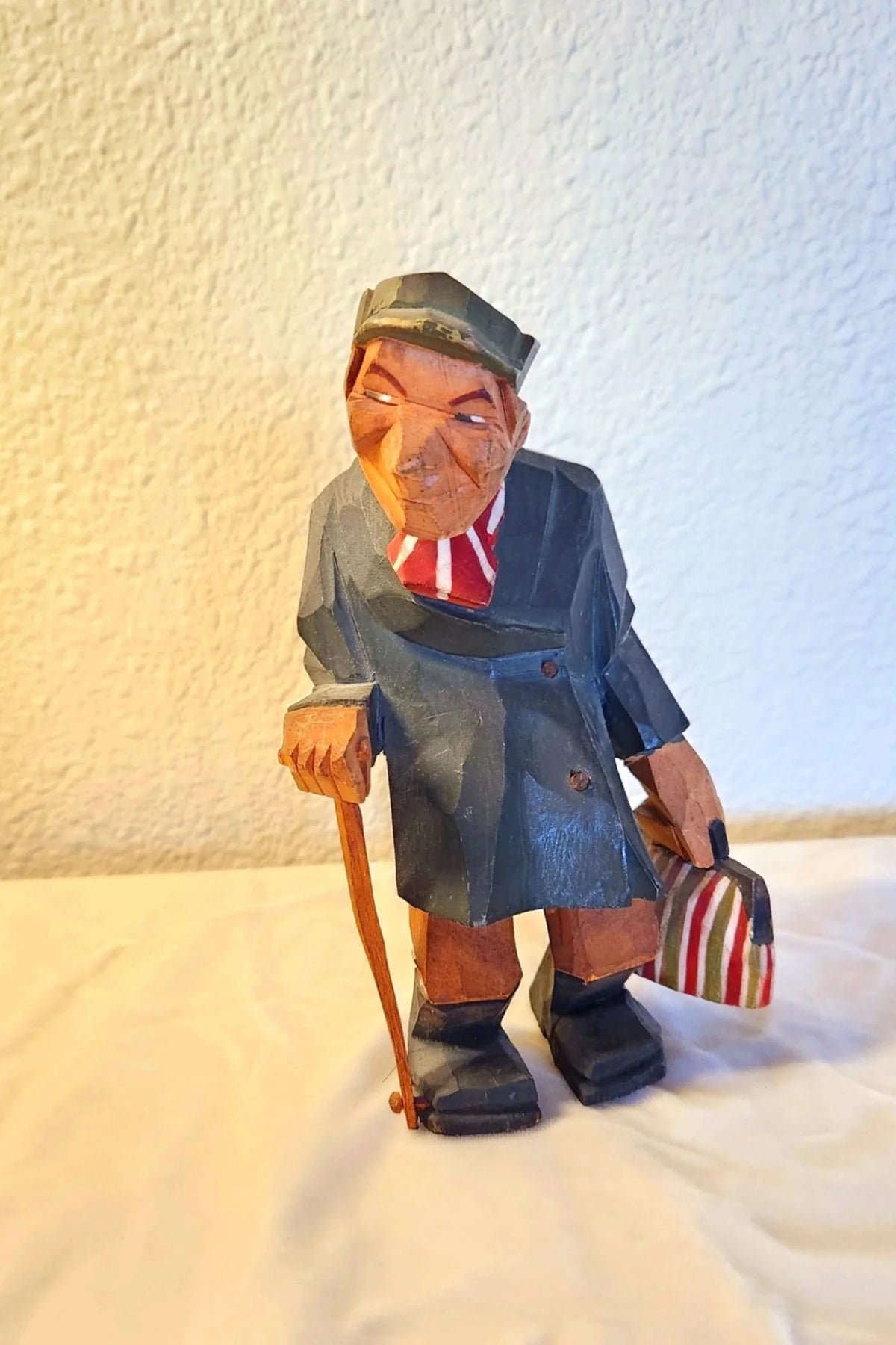1930s-40s Swedish Carved Wooden Man Figure with Cane and Bag - Trygg or Larsson Style