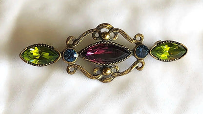 1970s Purple, Green, and Blue Glass Antiqued Victorian Revival Bar Brooch