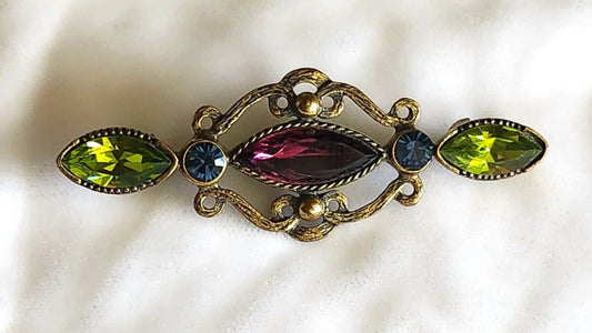 1970s Purple, Green, and Blue Glass Antiqued Victorian Revival Bar Brooch