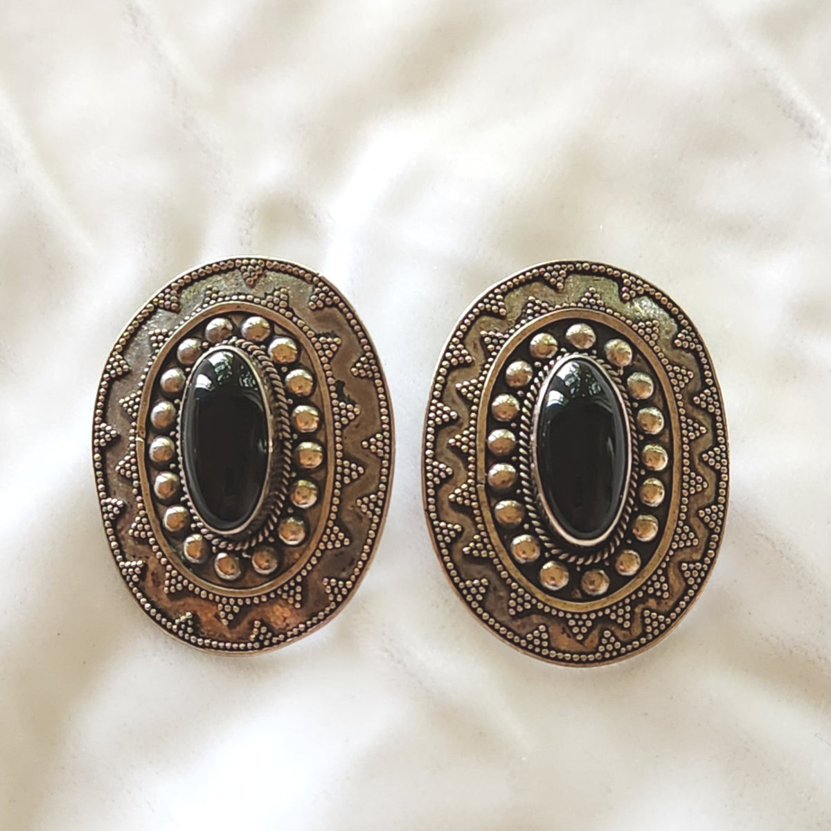 Vintage Onyx & Sterling  Afghan Aqeeq Stone Earrings